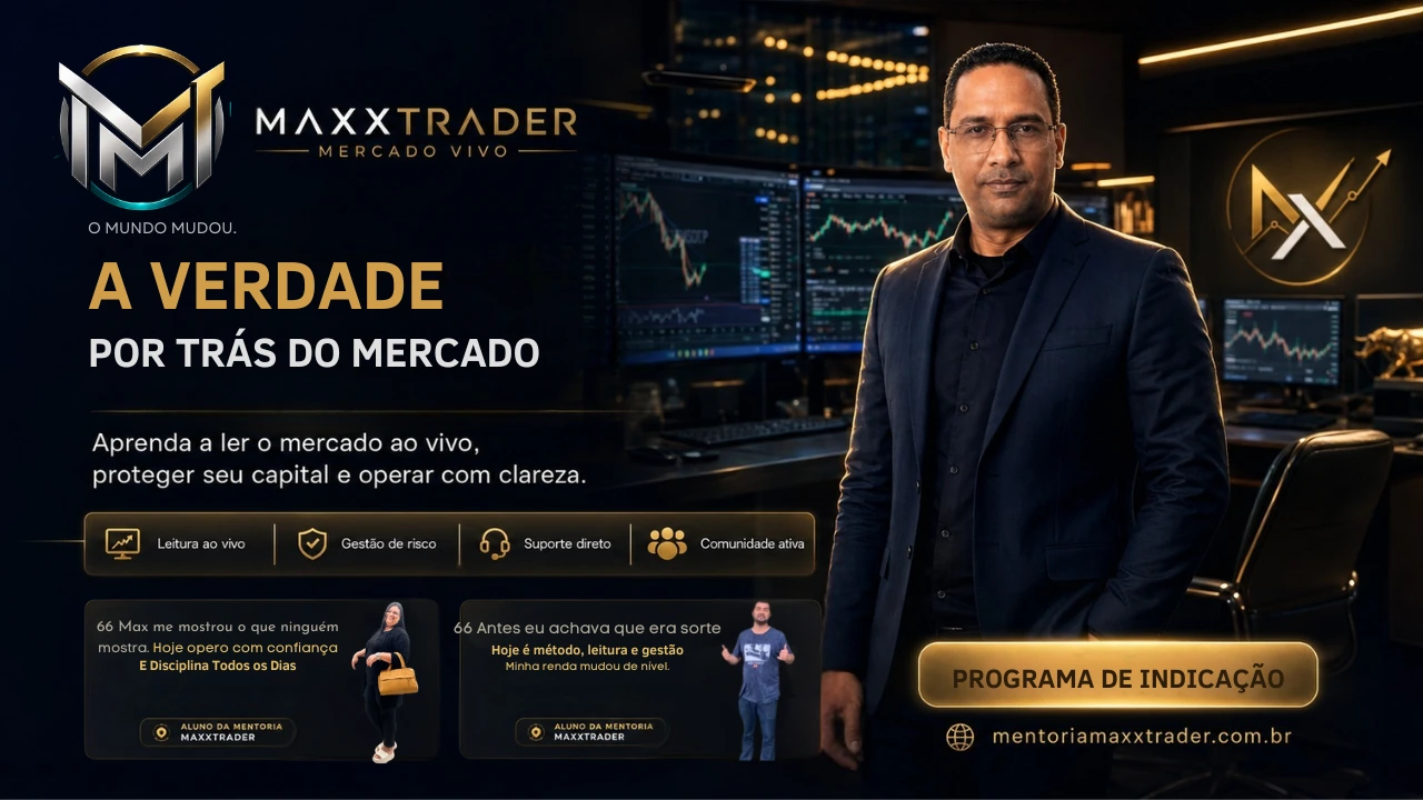 Capa principal da Mentoria MaxxTrader — Mercado Vivo: A verdade por trás do mercado e Programa de Indicação